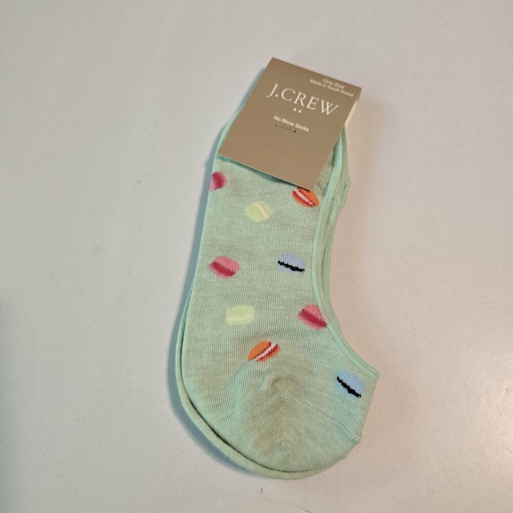 J Crew No-Show Socks Women One Size Green Novelty Macaron Print Cotton Blend NWT